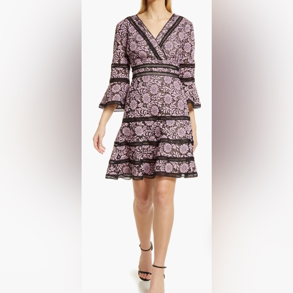 LIKE NEW SHANI Embroidered Lace Fit & Flare Pink Black Cocktail Dress Size 14